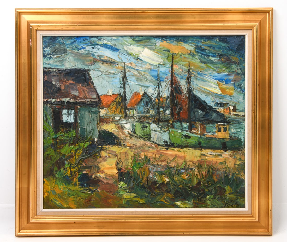 FINN ANDERSEN (DANISH) LANDSCAPE O/C PAINTING: Image of a rural scene. Signed lower right. Oil on canvas. Dimensions: (Frame) H 31" x W 34" (Canvas) H24" x W 27" Condition: Wear consistent with age. Paint loss, scuffs to frame.