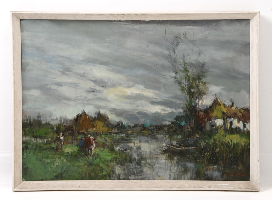 THEODORUS VAN OORSCHOT (DUTCH 1910-1989) LANDSCAPE: Dutch country side landscape with two cows. Signed lower right. Oil on canvas Dimensions: (Frame) H 21" x W 28.75" (Canvas) H 19" x W 27" Condition: Wear consistent with age. Scuffs, rubs to frame.