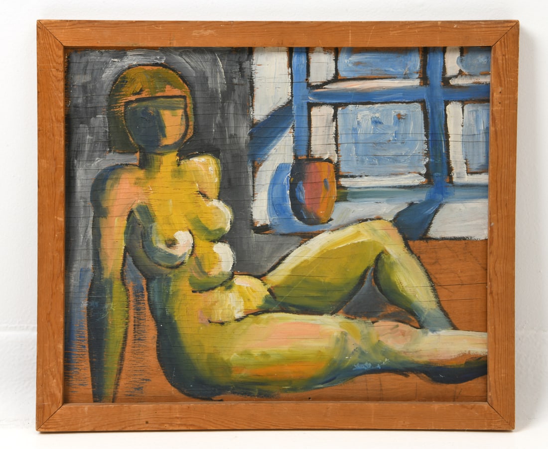 DANISH ABSTRACT FEMALE NUDE O/B PAINTING: Image of a nude woman posing seated. Indistinctly signed lower right. Oil on board. Dimension: H 17" x W 19.75" x (Board) H 15" x W 17.5" Condition: Wear consistent with age. Nicks, scuffs, fading to