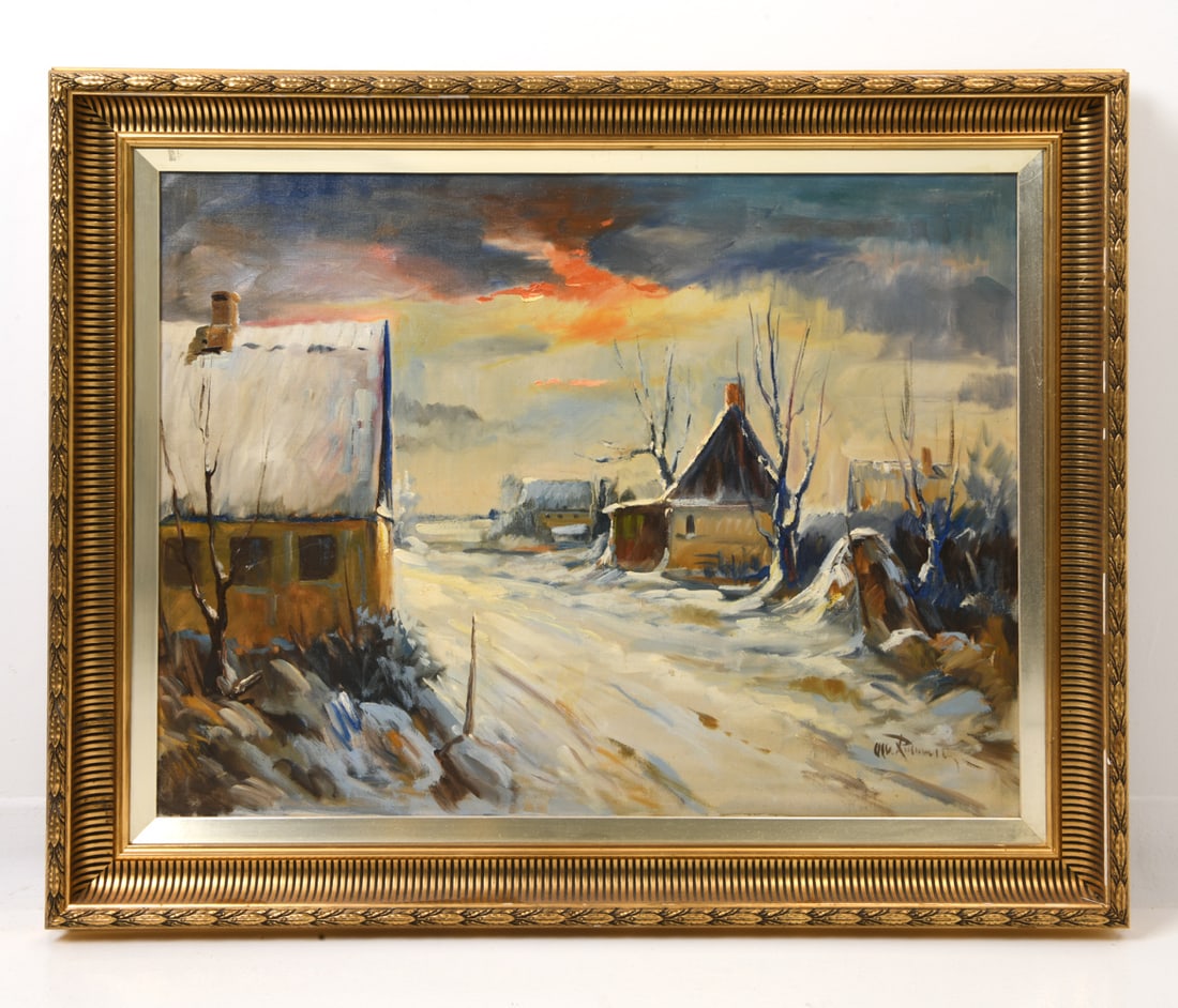 DANISH WINTER LANDSCAPE O/C PAINTING: Rural image of a village during winter. Indistinctly signed bottom right corner. Oil on canvas. Dimensions: H 30.5" x W 38.25" x (Canvas) H 23.75" x W 31.5" Condition: Wear consistent with age and use