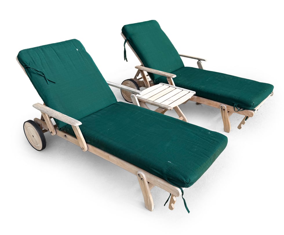 BROWN JORDAN MISSION TEAK CHAISE LOUNGES TABLE: (2) Teak folding lounge chairs. Together with side table in same style. Table folds as well. Dimensions: Chairs H 40" x W 31.5" x D 68" x SH 8". Table H 15.5" x W 19" x D 18". Condition: Scuffs and sc