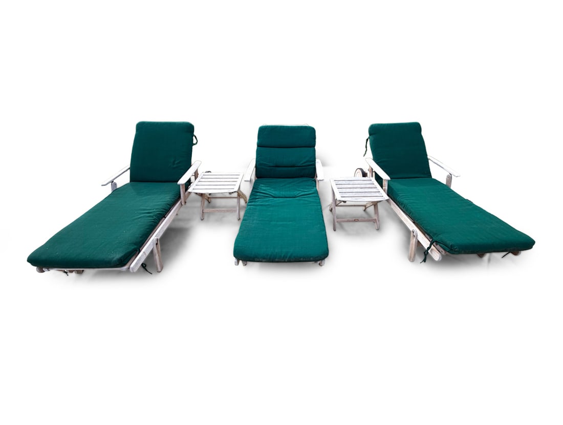 BROWN JORDAN MISSION TEAK CHAISE LOUNGES TABLES: (3) Teak folding lounge chairs. Together with (2) side tables in same style. Table folds as well. Dimensions: Chairs H 40" x W 31.5" x D 68" x SH 8". Tables H 15.5" x W 19" x D 18". Condition: Scuffs