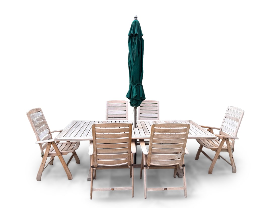 ATTR. BROWN JORDAN MISSION TEAK TABLE CHAIRS: Includes (6) chairs, (1) dining table, and (1) umbrella. Dimensions: (table) H 30" x W 94" x D 44". (chair) H 42" x W 26" x D 21" x S.H. 17". Umbrella H 100" x Dia. 100". Condition: Label too worn to