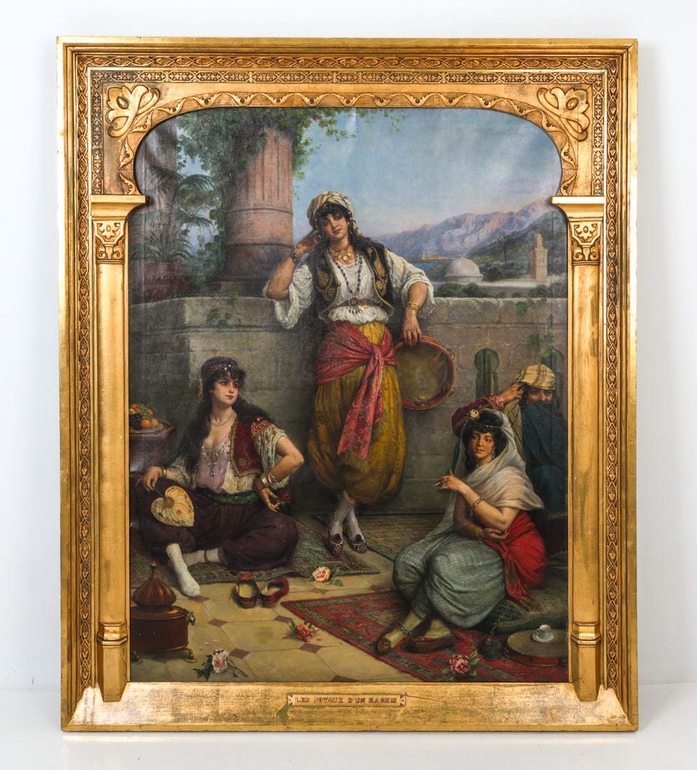 EUGENE SIBERDT (BELGIAN 1851-1931) HAREM SCENE O/C: "Les Jojaux d'un Harem" (The Jewels of a Harem). Depicting a scene of four women in a harem courtyard overlooking the mountains. Painted in 1921 by Eugene Sieberdt. Signed and dated lower right. Title