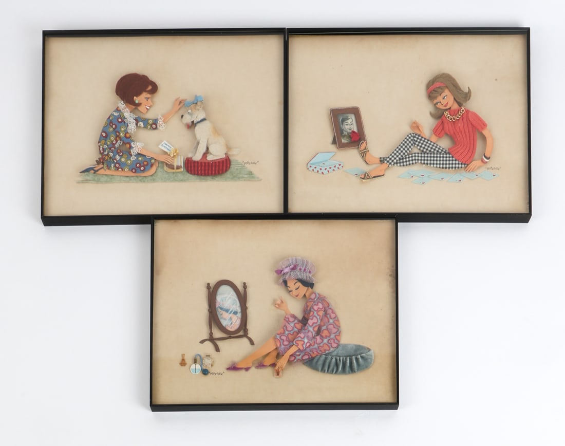MID-CENTURY 3D FEMALE PORTRAIT SCULPTURES: Grouping of (3) Mixed media. Signed 'Mozaiek' to lower right corners. Dimensions: Frames H 11.25" x W 14.25". Sight H 11" x W 14". Condition: Minor scuffs to frame, present well overall.