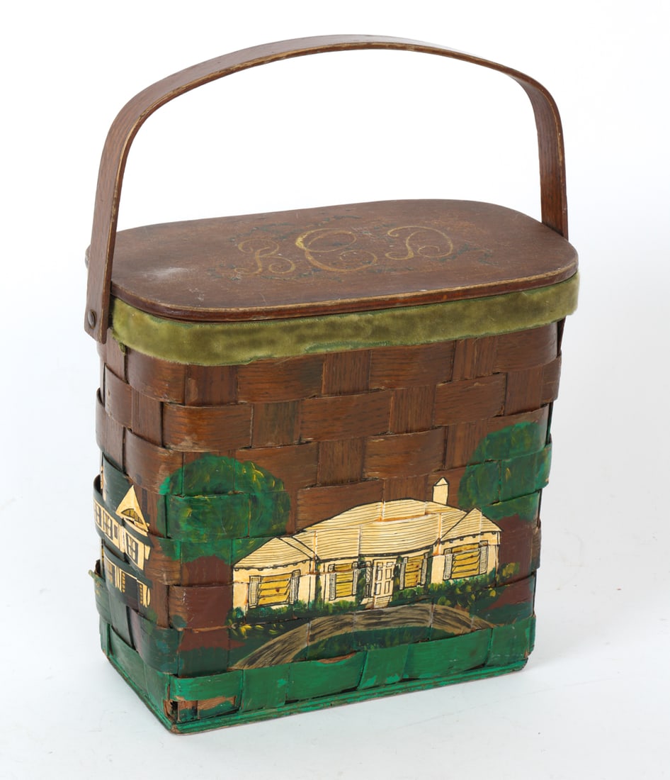 MANNER OF CARO NAN PAINTED BASKET PURSE: Handmade and painted decoration. Fabric lining to interior. Apparently unsigned. Dimensions: H 9" x W 10.5" x D 6". Condition: Few breaks and losses to weave with craquelure to top. Wear consistent wi