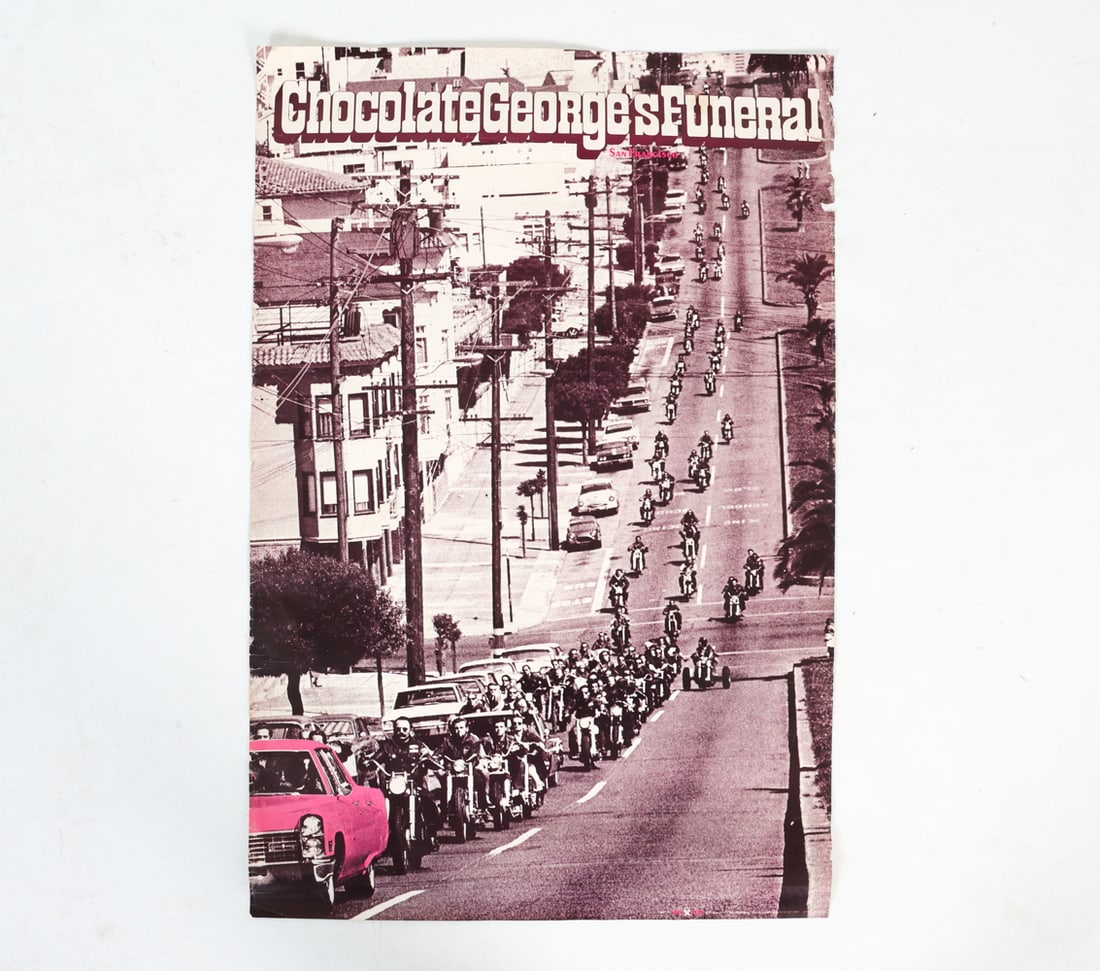 HELLS ANGELS FUNERAL POSTER: Depiction shows the funeral of Charles G. 'Chocolate George' Hendricks on May 30, 1967. Dimensions: H 36" x W 24". Condition: Few tears and frays to edges, slight fading. Wear consistent with age and
