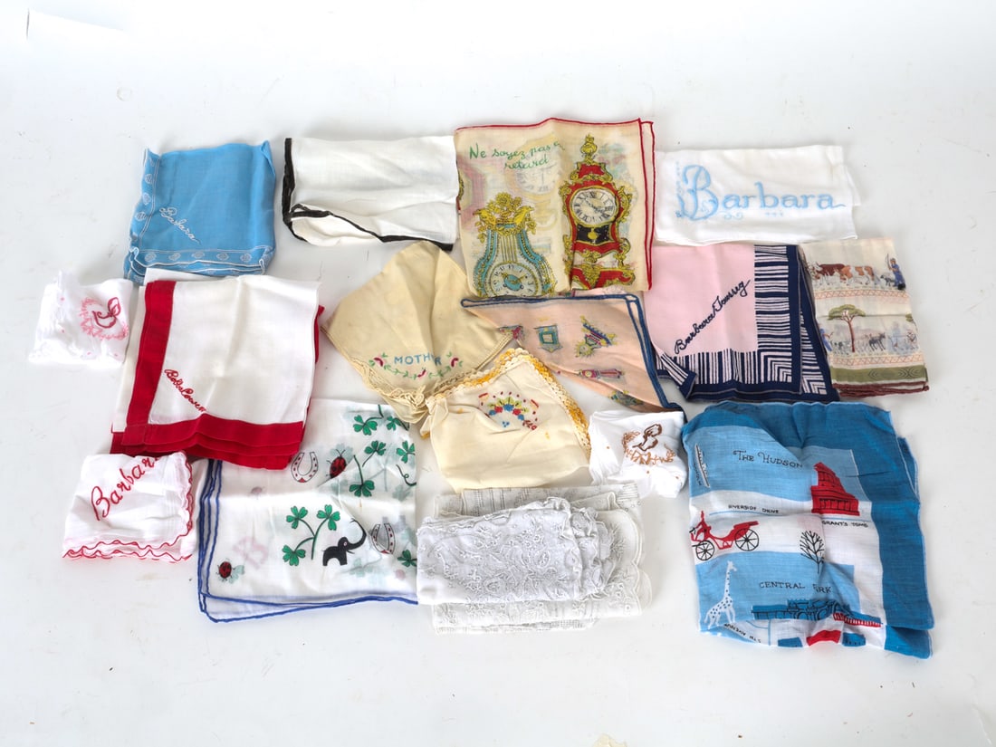 VINTAGE HANDKERCHIEF GROUPING: Grouping of handkerchiefs and globes in a silk embroidered bag. Mid 20th century. Dimensions: Bag L 7.25" x D 4.5". Condition: Slight fading and discoloration, wear consistent with age and use.