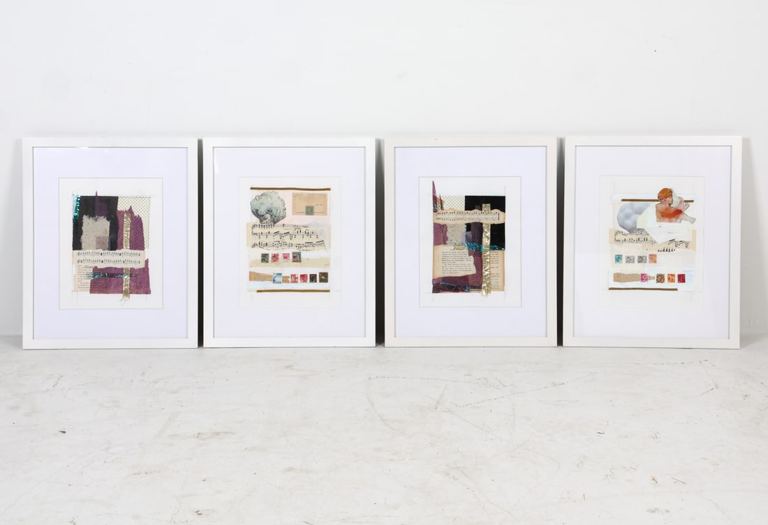 ABSTRACT COLLAGE ART GROUPING: Grouping of (4) framed collage multimedia works. Dimensions: Frame H 22.25" x W 18". Sight H 13.75" x W 10.5". Condition: No issues to note.