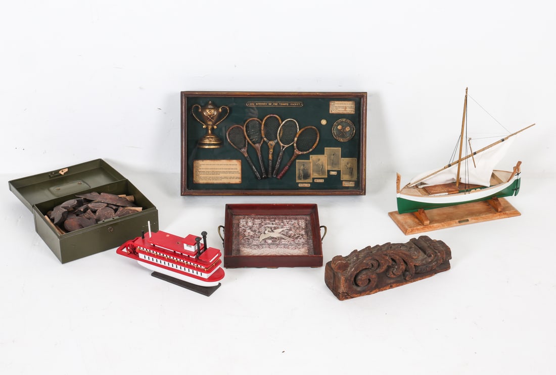 VINTAGE DECORATIVE GROUPING: Includes tennis diorama, (2) model ships, silk needlework, wooden architectural element, steel box with wooden decorative items and clothespins. Dimensions: Tennis Diorama H 11.25" x W 20". Condition: