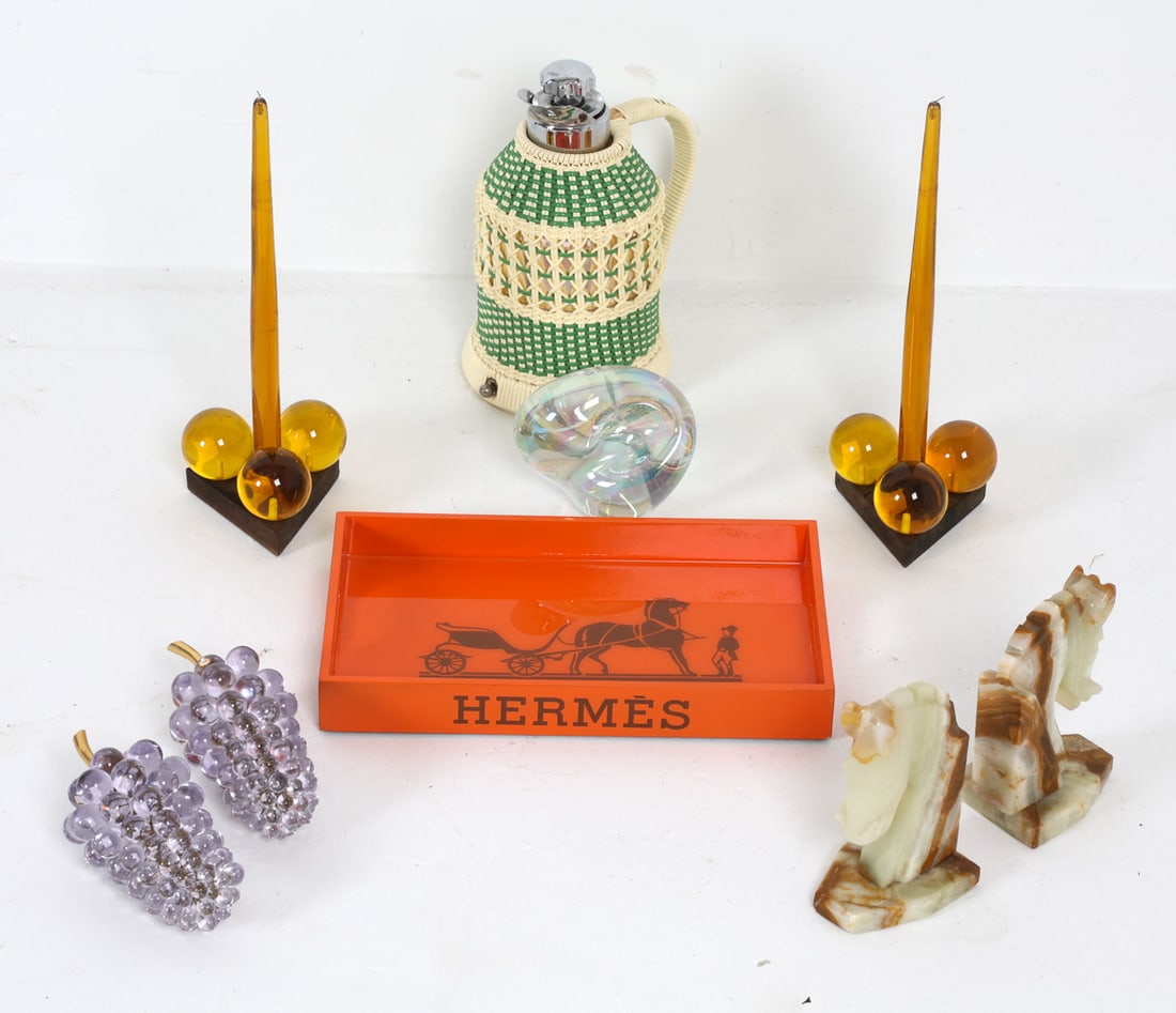 VINTAGE DECORATIVE GROUPING: Includes Hermes plastic tray, pair of candlesticks, marble horse head bookends, glass grapes, opaline glass paperweight signed underneath, vinyl wrapped kettle. Dimensions: Kettle H 10" x W 7.25" x D