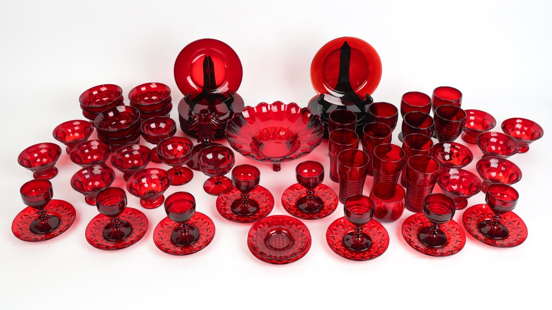 GEORGIAN RUBY GLASSWARE BY BRYCE: Large grouping of ruby glassware. Dimensions: Footed Bowl H 4.5" x Dia. 11". Larger Plates Dia. 8". Condition: Minor scuffs, few small dings to rims. Wear consistent with age and use.