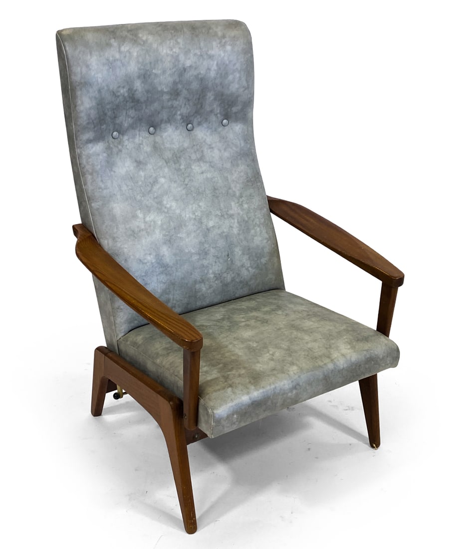 STYLE OF OHLSSON SWEDISH WALNUT LOUNGE CHAIR 1960S: Sculptural walnut frame in high-back silhouette. Reclining features. Grey leather upholstery. Sweden, circa 1960s. Dimensions: H 42.5" x W 28.75" x D 26" x SH 14.5". Condition: Reclining bar requires