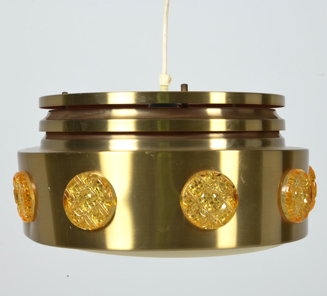 SUPER-LIGHT BRASS & GLASS PENDANT LIGHT C. 1970S: Tagged to shade. Brass pendant light with glass accents. Denmark, circa 1970s. Dimensions: H 6.5" x Dia. 13.25". Condition: Not tested. Minor rubs and scratches to lamp shade, Wear consistent with age