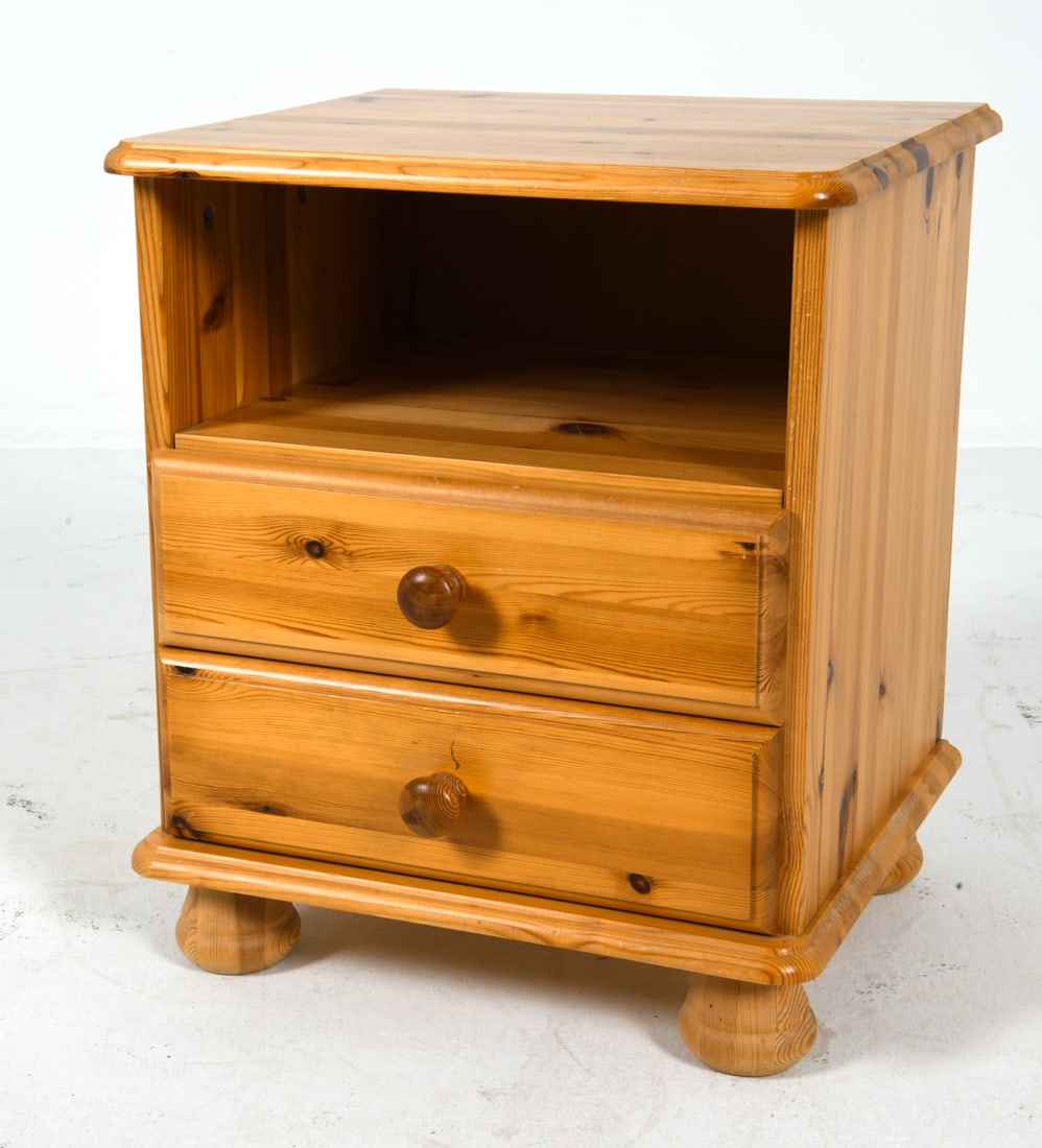 SWEDISH PINE NIGHTSTAND C. 1970S: Small pine side chest or nightstand with (2) drawers. Sweden, circa 1970s. Dimensions: H 21.75" x W 18.5" x D 16". Condition: Minor scuffs and dings, wear consistent with age and use.