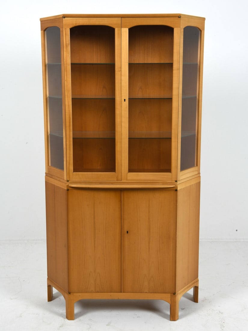 CARL MALMSTEN DANISH DISPLAY CABINET: Key Included. Beech cabinet with glass panels to cabinet doors. Marked, Pull out try to center. Denmark, circa 1970s. Dimensions: H 69.5" x W 37.75" x D 12.75". Condition: Light surface wear consisten
