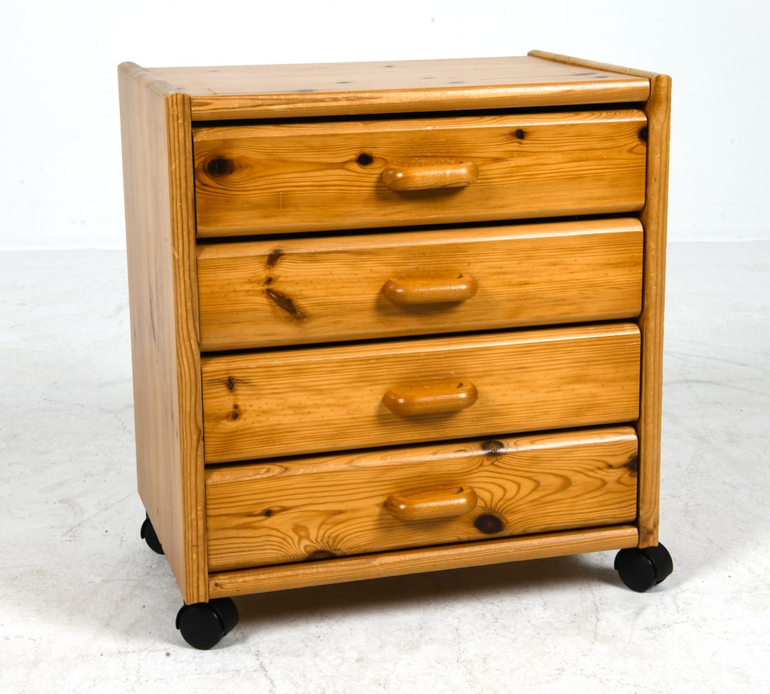 SWEDISH PINE NIGHTSTAND SIDE CHEST C. 1970S: Swedish pine nightstand or side chest. On castors. Sweden, circa 1970s. Dimensions: H 19" x W 17.25" x D 12". Condition: Minor scuffs, scratches, and dings. Wear consistent with age and use.