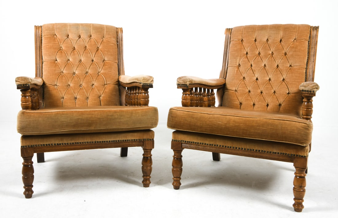 PAIR SWEDISH VELOUR LIBRARY CHAIRS 1950S: Beech frame with turned banister arms and tan beige velour upholstery. Sweden, circa 1950s. Dimensions: H 34.25" x W 27.5" x D 34" x Sh 16". Condition: Wear consistent with age and use, including mino