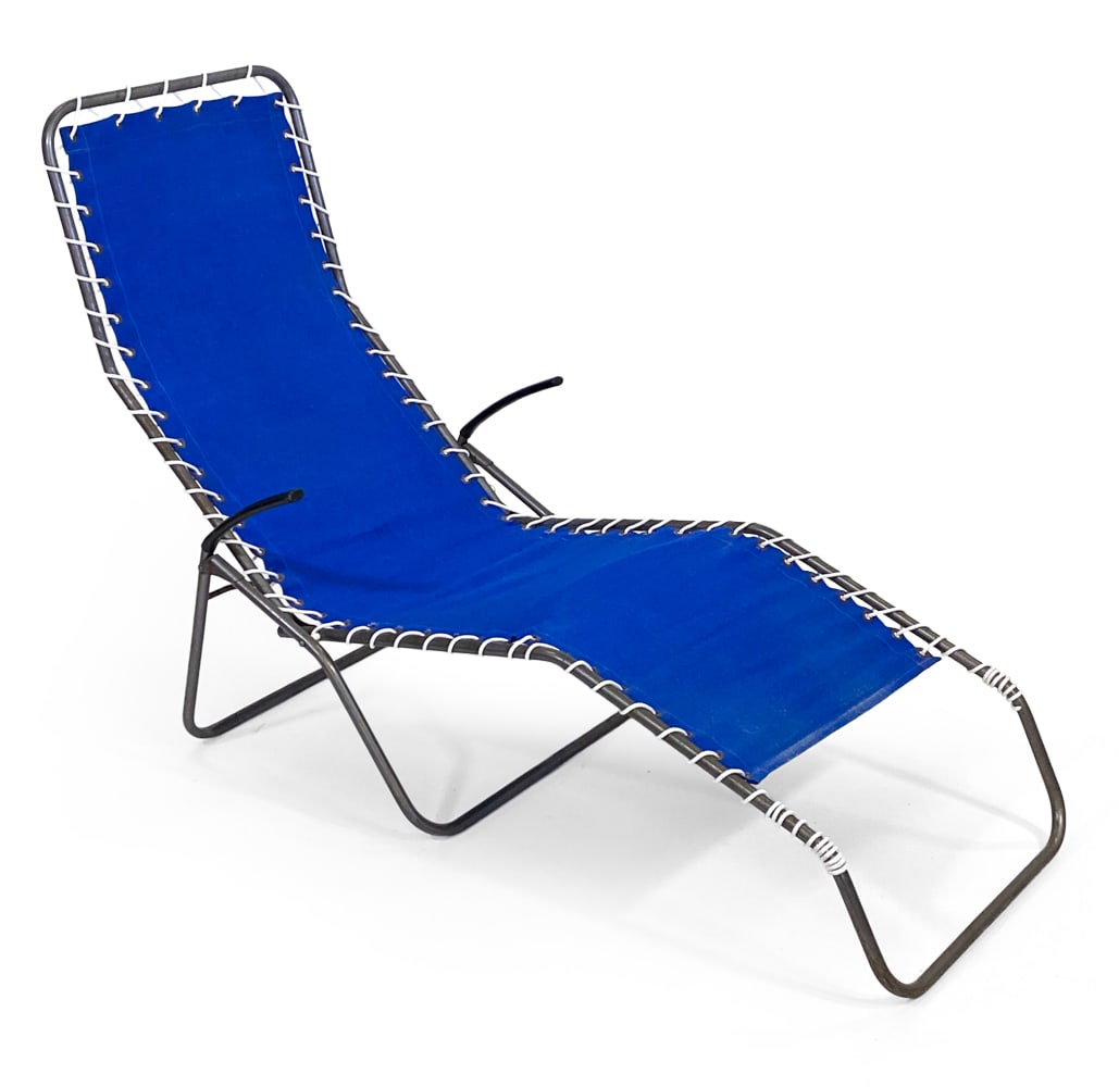 HOMA DANISH FOLDING LOUNGE CHAIR C. 1970S: Steel folding frame with blue seat. Tagged to frame. Denmark, circa 1970s. Dimensions: H 39" x W 24.5" x D 58" x SH 13.5". Condition: Scratches and dings to frame. Oxidation spots. Wear consistent wit