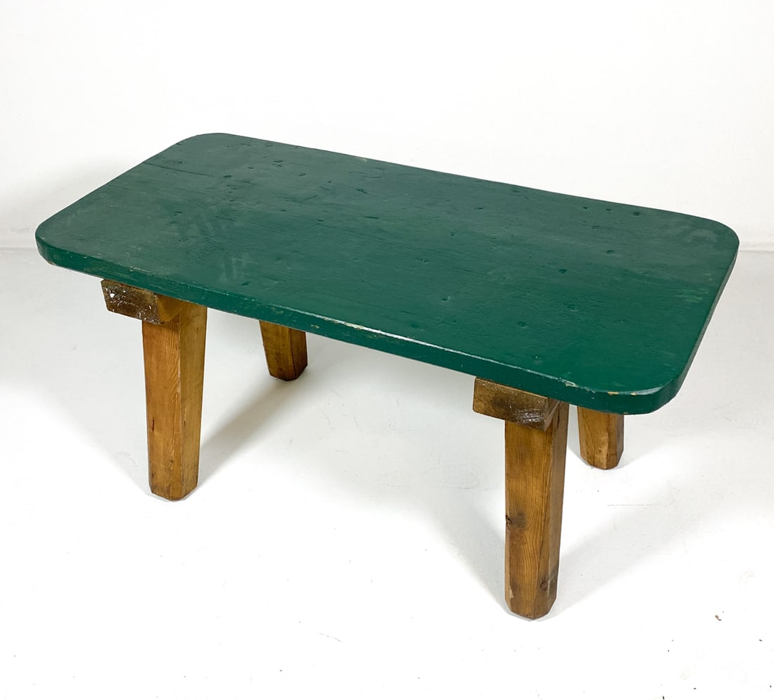 SCANDINAVIAN PAINTED PINE COFFEE TABLE C. 1950S: Pine table with green painted top. Scandinavian, circa 1950s. Dimensions: H 21" x W 42.5" x D 20.5". Condition: Stress cracks to top, dings and scratches to top and legs, Wear consistent with age and