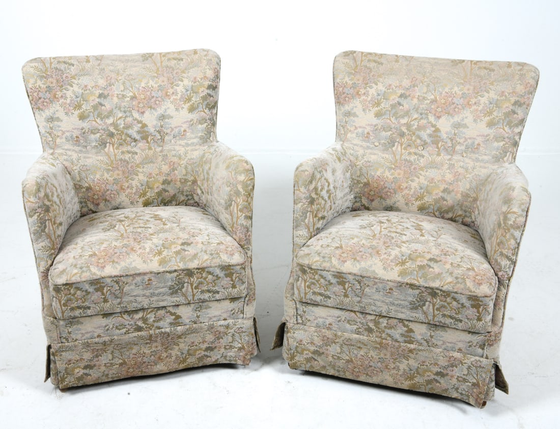 PAIR OF SCANDINAVIAN LOUNGE CHAIRS C. 1960S: Patterned upholstery with skirts. Scandinavian, circa 1960s. Dimensions: H 29" x W 25" x D 28" x Sh 15". Conditions: Minor rubs and scuffs, Wear consistent with age and use. GERT G013