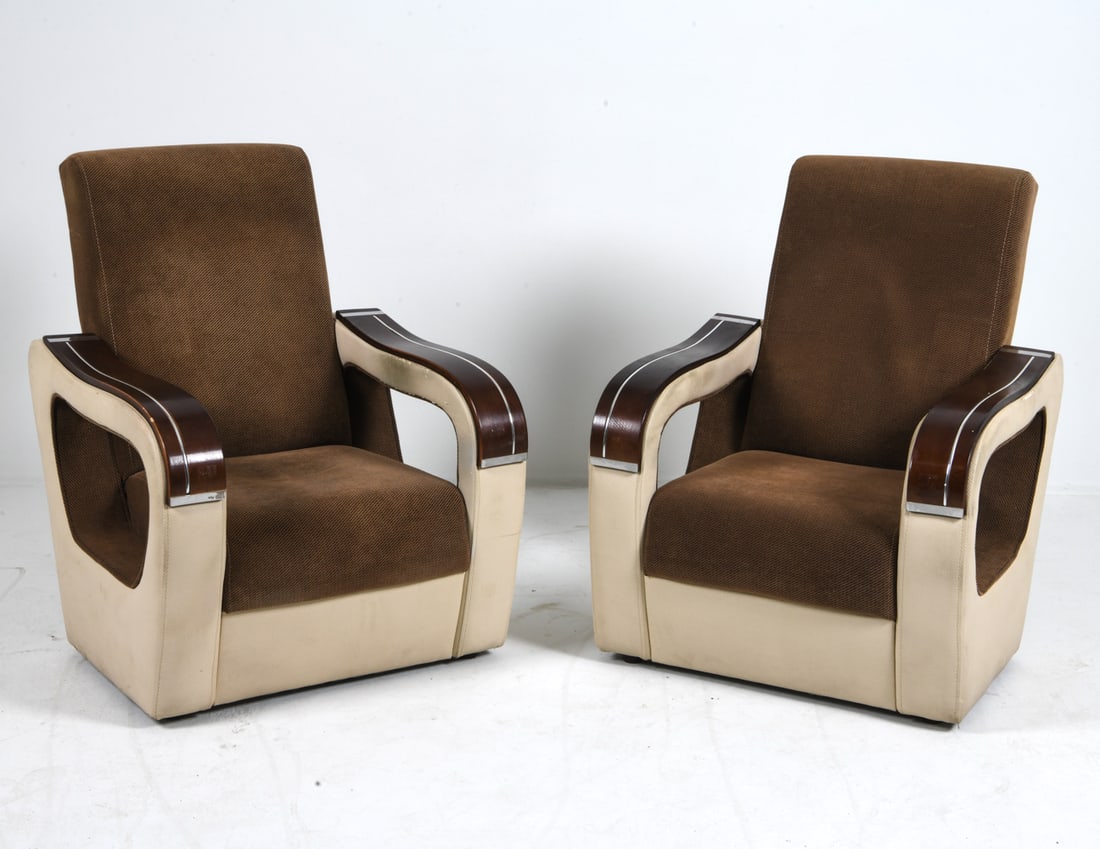 PAIR OF SPACE AGE STYLE LOUNGE CHAIRS: Beech wood to arms with brown and cream fabric. Scandinavian, late 20th century. Dimensions: H 40" x W 31" x D 29" x SH 16". Condition: Discoloration to fabric in places. Few scuffs and rubs to wood.