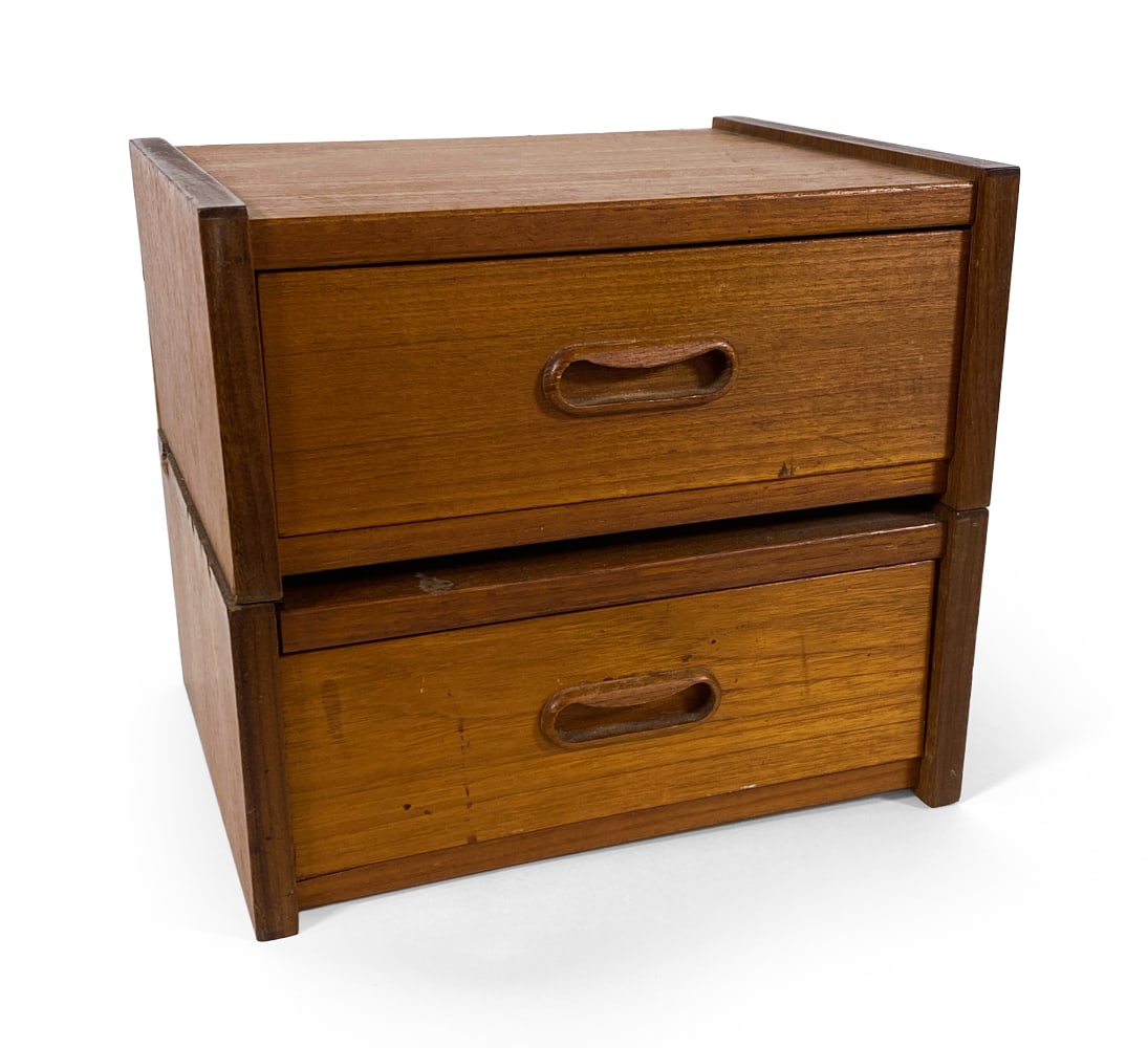 DANISH TEAK NIGHTSTAND SIDE CHEST C. 1970S: Dimensions: H 11" x W 12.5" x D 10". Condition: Was previously separate units, but have been fixed together with backing board. Showing signs of wear including chips and losses to veneer. Water rings