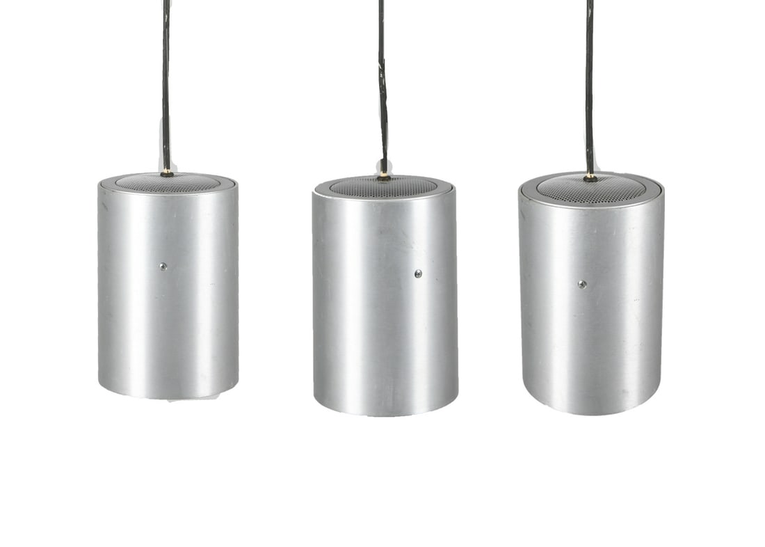 BEYER DYNAMIC 2900 GERMAN HANGING SPEAKER GROUPING: Grouping of (3) hanging speakers with brushed aluminum casing. Tagged inside canopy. Germany, circa 1970s. Dimensions: H 8" x Dia. 6". Wire L 28". Condition: Wiring untested. Scuffs and paint marks to