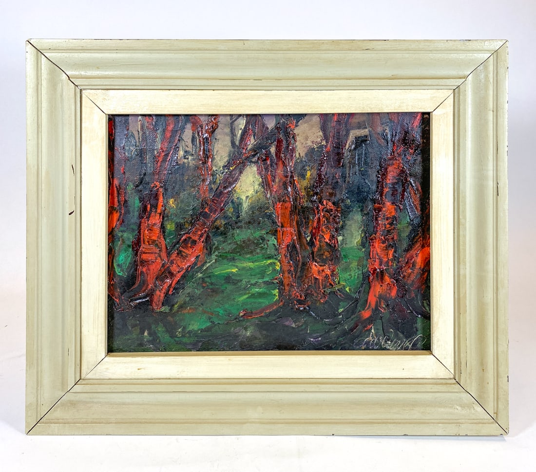 DANISH ABSTRACT LANDSCAPE WITH FOREST O/C: Indistinctly signed to bottom right corner. Oil on canvas. Denmark, mid 20th century. Dimensions: Frame H 24.75" x W 30.25". (Sight) H 18" x W 24". Condition: Slight joint separation at corners, Losse