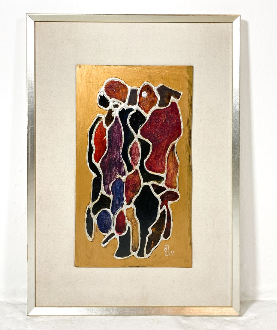 NIELS SIGURD JAKOBSEN (B. 1907) ABSTRACT A/B: Signed to lower right corner. Information about artist on back. Oil on board. Mid 20th century. Dimensions: Frame H 25" x W 17.5". Board H 16.5" x W 9.5". Condition: Minor scuffs to frame.