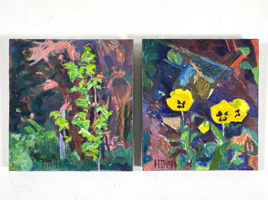 HELLE THORBORG (20TH C.) ABSTRACT STILL LIFE O/B: (2) Still life paintings of flowers. Signed to lower right corners and on back to frames. Dated 1990s. Dimensions: Largest H 12.5" x W 11.25". Condition: Few minor scuffs to edges, wear consistent wit