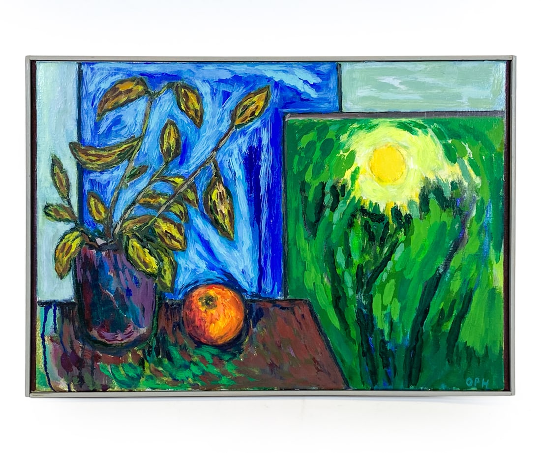 OLE PRIM HANSEN (20TH C.) STILL LIFE O/C: Signed to lower right corner. Signed and dedicated on back. Oil on canvas. Denmark. Dimensions: Frame H 14.25" x W 20". Canvas H 13.75" x W 19.5". Condition: Minor scuffs to frame, wear consistent wit