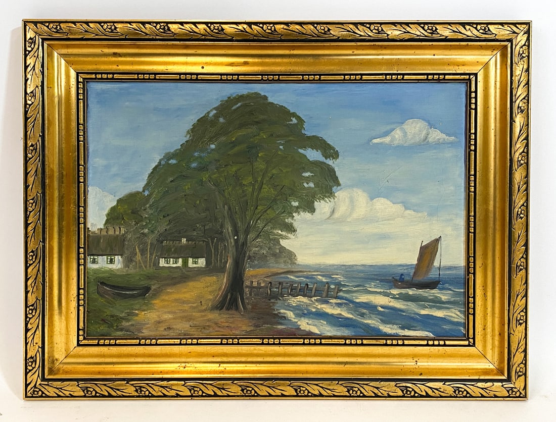 DANISH BEACH LANDSCAPE O/C: Apparently unsigned. Beach landscape with sailboat on the water. Oil on canvas. Denmark, mid 20th century. Dimensions: Frame H 18" x W 24". Canvas H 13" x W 19". Condition: Few minor scuffs to frame,