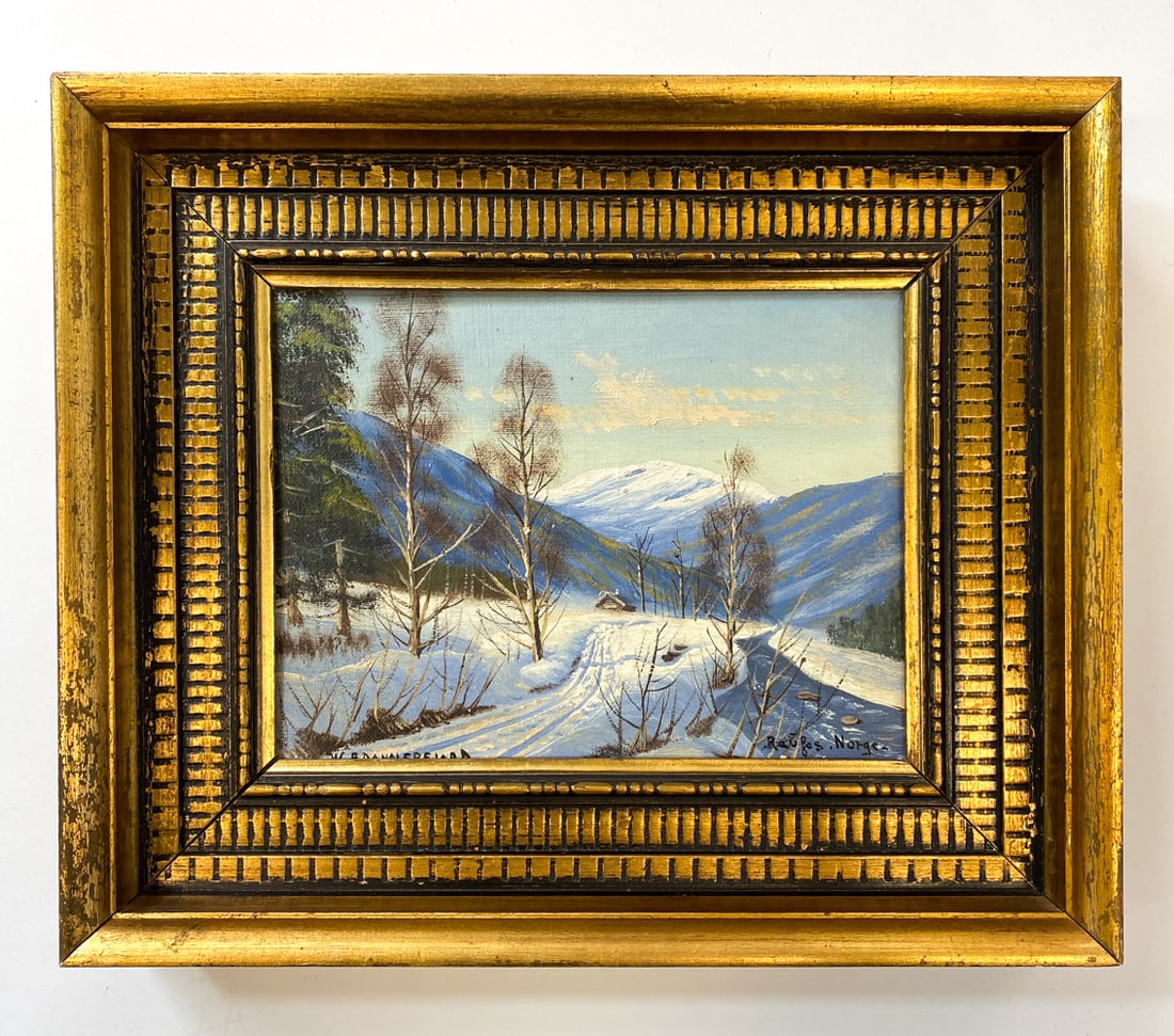 ALEXANDER W. DANNERFJORD (B. 1904) LANDSCAPE O/C: Signed to lower left, and titled to lower right corner. Information about artist on back. Winter landscape with mountains. Norway, mid 20th century. Dimensions: Frame H 11" x W 13.25". Canvas H 7.25"