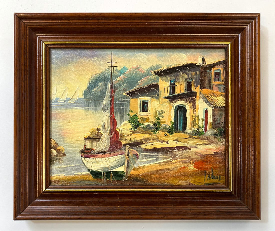 DANISH BOAT HARBOR PAINTING O/C: Signed to lower right corner. Boat on beach with house. Oil on canvas. Denmark, mid 20th century. Dimensions: Frame H 10.5" x W 12.5". Canvas H 7.5" x W 9.5". Condition: Minor scuffs to frame, wear co