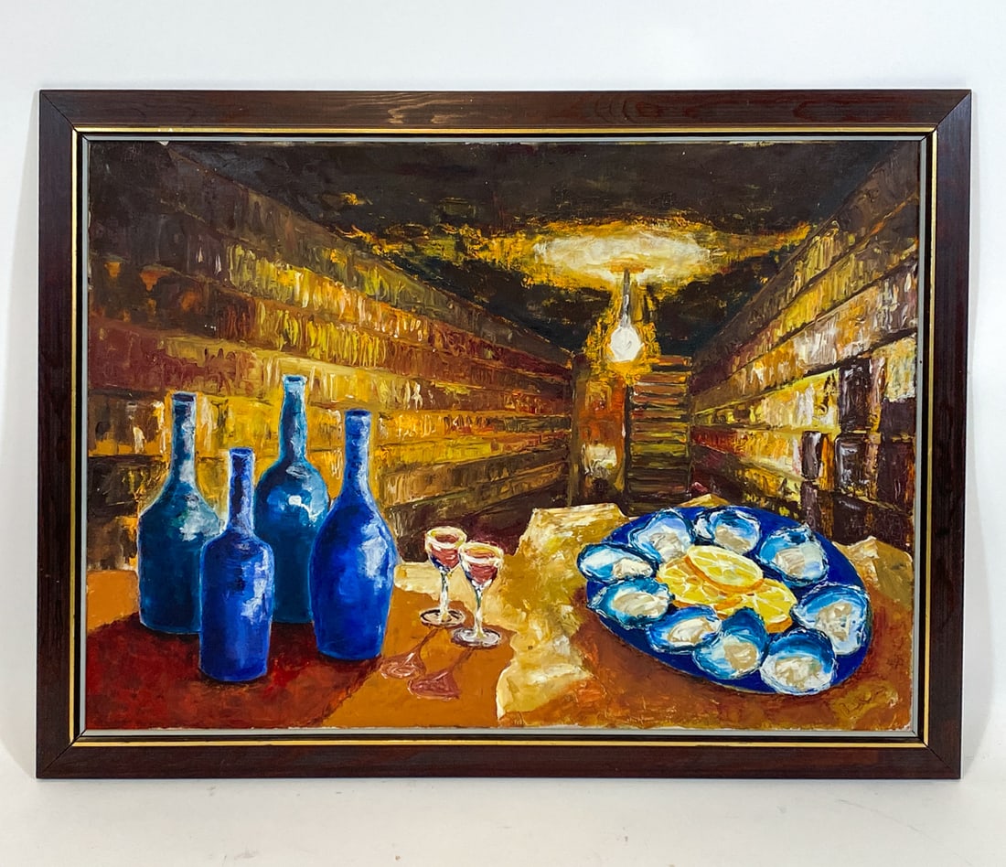 DANISH STILL LIFE O/C: Signed to lower right corner. Still life restaurant table with shell fish and bottles. Denmark, mid 20th century. Dimensions: Frame H 31" x W 40.75". Canvas H 26.75" x W 36.25". Condition: Minor scuff