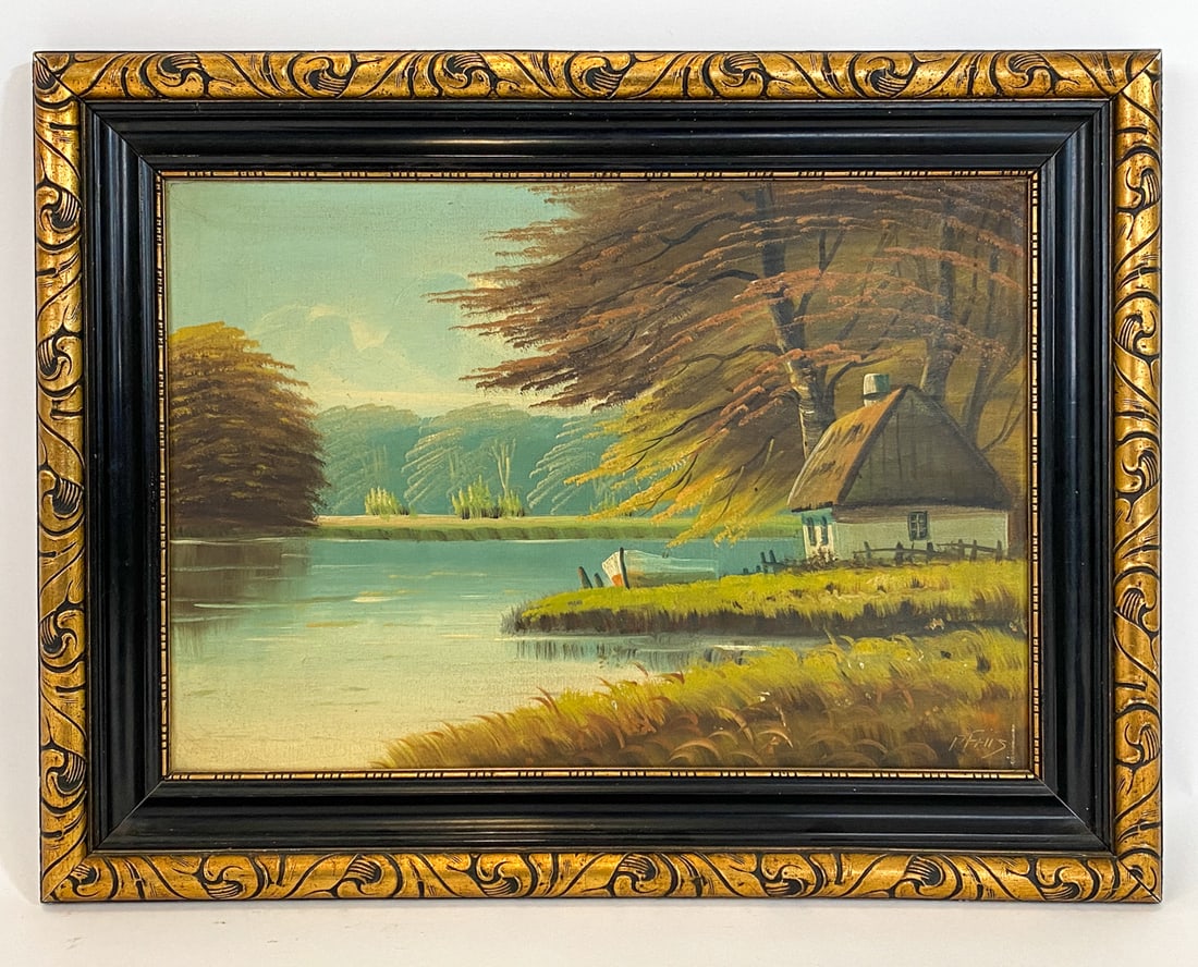 DANISH LANDSCAPE WITH LAKE O/C: Signed to lower right corner. Landscape with lake and house. Denmark, mid 20th century. Dimensions: Frame H 25" x W 32.5". Canvas H 17.5" x W 26". Condition: Few minor scuffs to canvas near frame edge