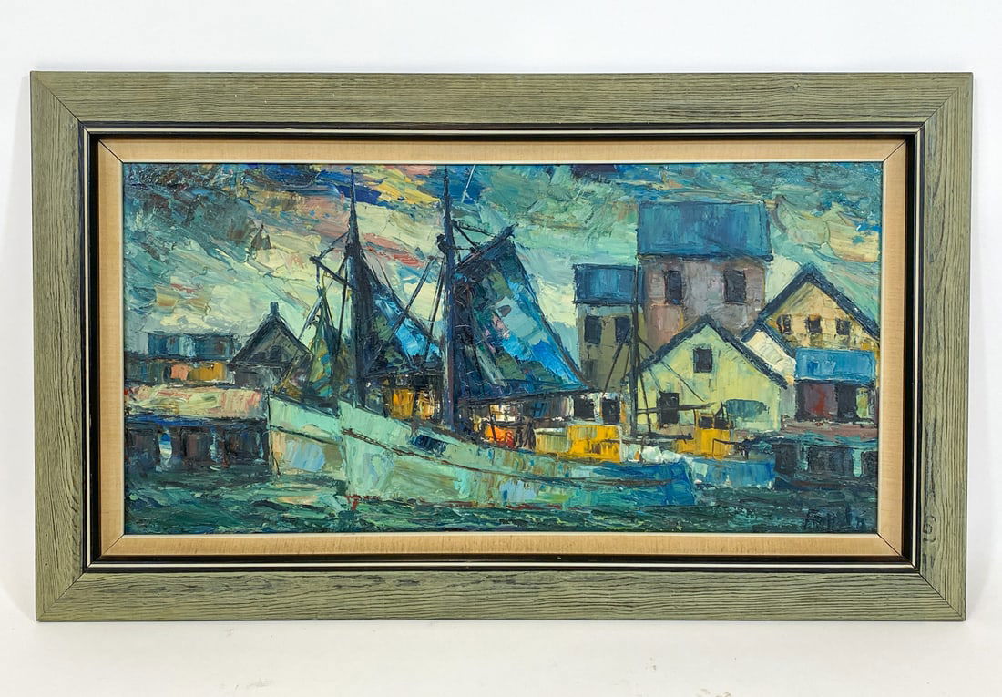 SCANDINAVIAN ABSTRACT HARBOR SCENE O/C: Signed indistinctly to lower left corner. Oil on canvas. Denmark, mid 20th century. Dimensions: Frame H 23.5" x W 40". Canvas H 17" x W 33". Condition: Canvas slightly askew in frame. Wear consistent