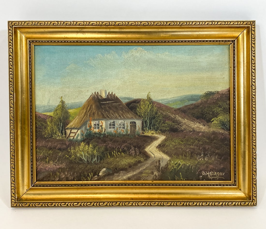 DANISH LANDSCAPE & HOUSE O/C: Signed to lower right corner. Oil on canvas. Denmark, mid 20th century. Dimensions: Frame H 16.25" x W 21.5". Canvas H 13" x W 18". Condition: Scuffs and dings to frame, wear consistent with age and d