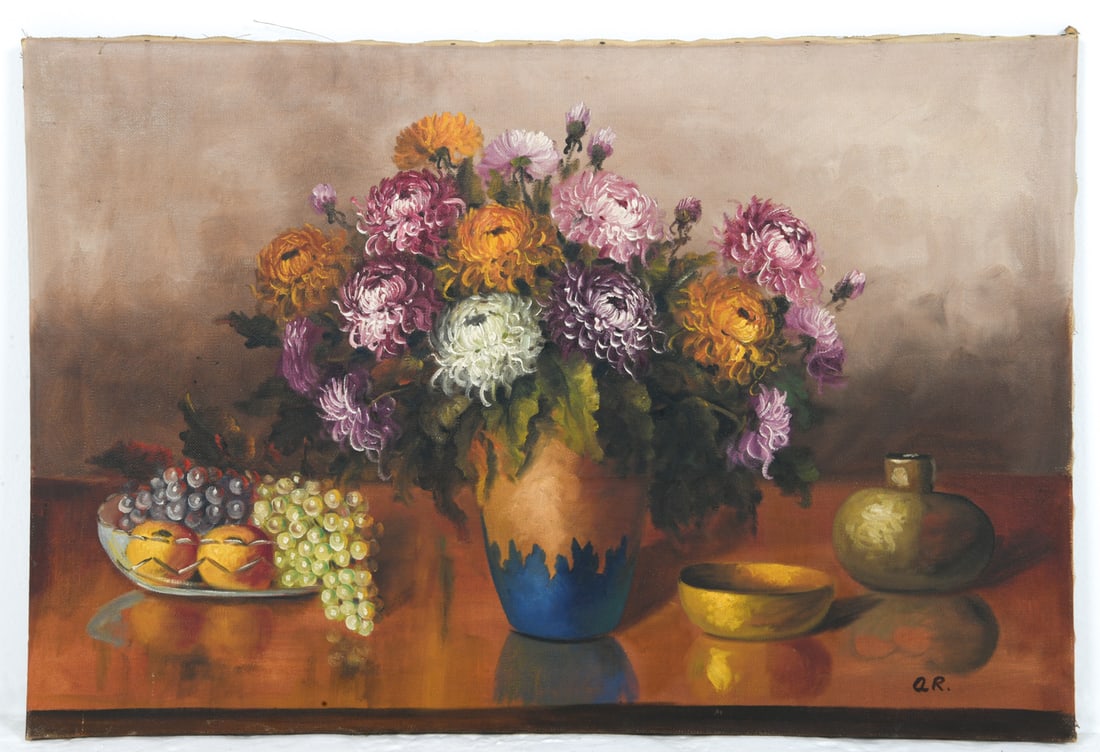 DANISH STILL LIFE O/C: Signed to lower right corner with initials 'Q.R.' Oil on canvas. Denmark, mid 20th century. Dimensions: H 25.5" x W 28.5". Condition: Unframed. Slight fraying to edges. Wear consistent with age and us
