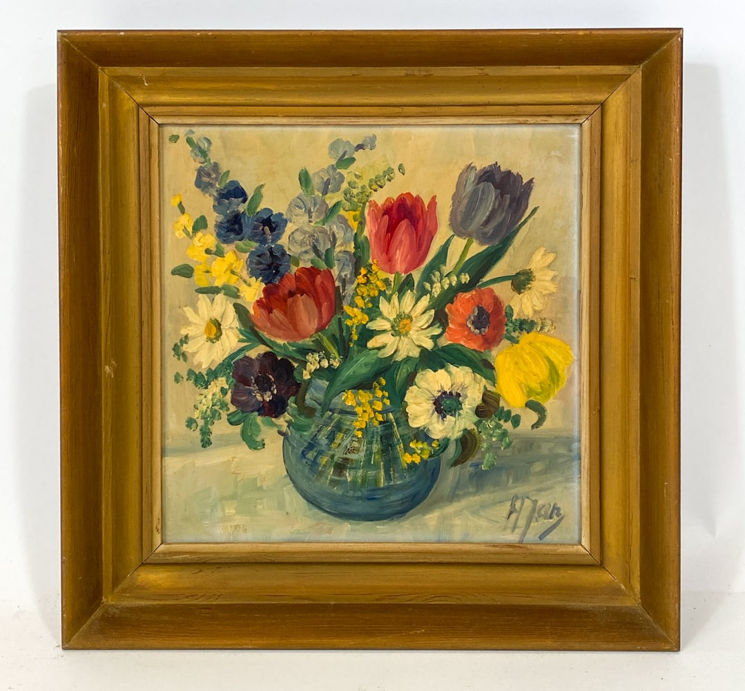 20TH C. STILL LIFE FLOWERS O/B: Signed to lower right corner. Flowers in a vase. Oil on board. Mid 20th century. Dimensions: Frame H 17.5" x W 17.5". Board H 13.5" x W 13.5". Condition: Few scuffs to frame, wear consistent with age