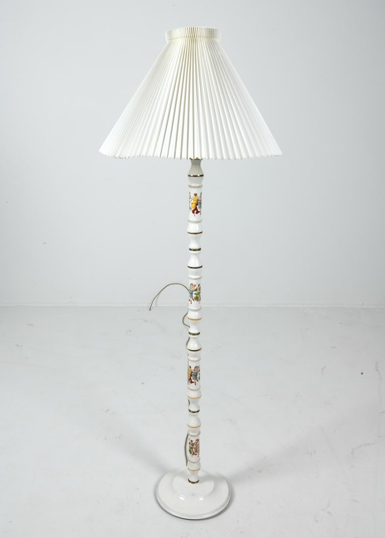 SCANDINAVIAN CERAMIC FLOOR LAMP C. 1970S: Porcelain ceramic floor lamp with classical Greek figures. Gilded accents. Scandinavian, circa 1970s. Dimensions: H 63.5" x Dia. 22.5". Condition: Not tested, Cord Cut, Wear consistent with age and us