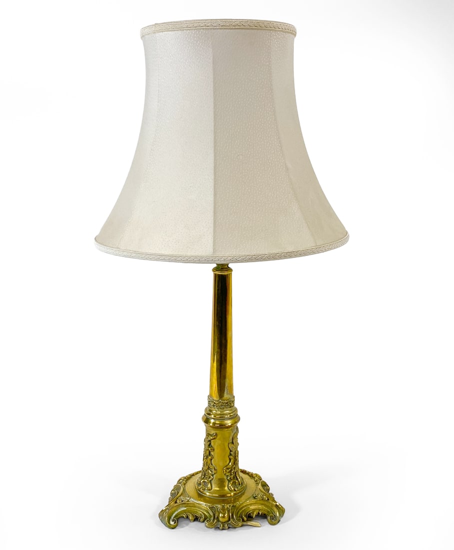 DANISH BRASS TABLE LAMP C. 1940S: Brass table lamp in Neoclassical style. Denmark, circa 1940s. Dimensions: H 27" x Dia. 13.5". Condition: Wiring untested, cord cut. Scuffs and rubs to brass, some oxidation. Wear consistent with age a