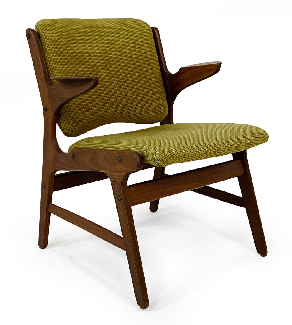 ARNE HOVMAND-OLSEN MODEL 240 ARMCHAIR C. 1960S: For Mogens Kold Mobelfabrik. Apparently untagged. Sculptural teak frame with green wool upholstery. Denmark, circa 1960s. Dimensions: H 28.5" x W 24.5" x D 22" x SH 17". Condition: Previous repair to