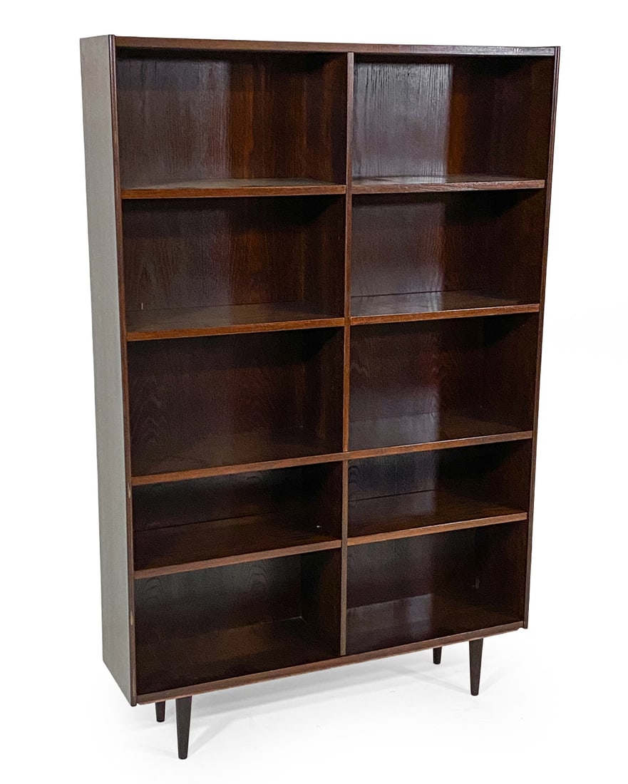 DANISH OAK BOOKCASE C. 1960S: Adjustable shelves. Dimensions: H 76" x W 49.5" x D 12". Condition: Few faint scratches, wear consistent with age and use. V040