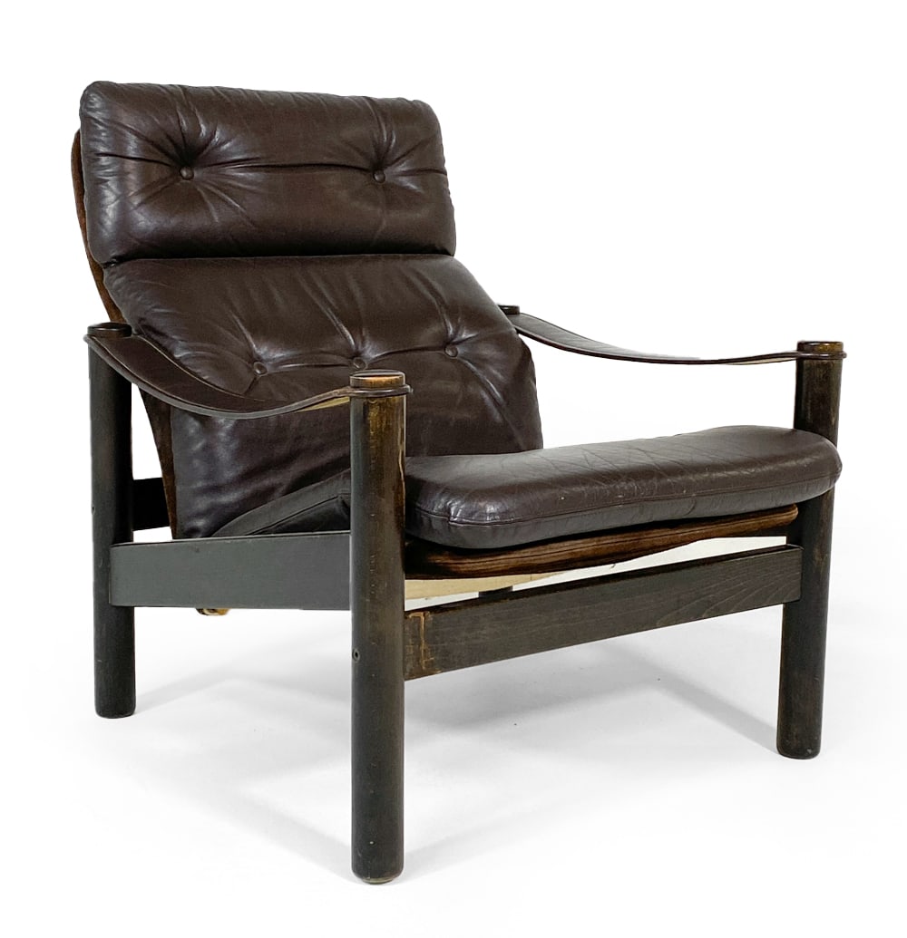 GEHL & NISSEN 'BEO' LOUNGE CHAIR 1970S: Designed by Ebbe Gehl and Soren Nissen for Jeki Mobler. Beech frame with leather upholstery. Suede lining to frame. Apparently untagged. Denmark, circa 1970s. Dimensions: H 34" x W 32" x D 28" x SH 18