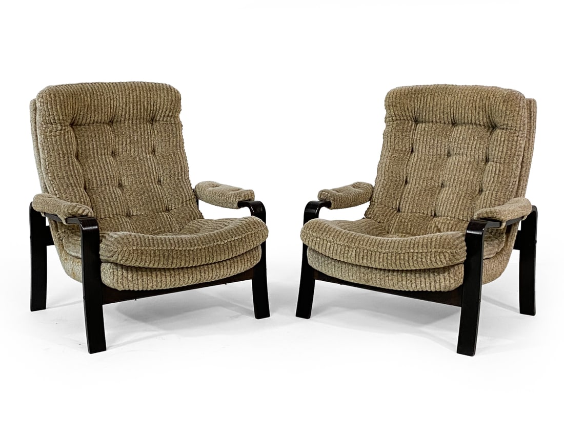 PAIR OF DANISH BEECH LOUNGE CHAIRS C. 1970S: Beech bentwood frames with gray corduroy fabric upholstery. Denmark, circa 1970s. Dimensions: H 38.5" x W 32" x D 30" x SH 17". Condition: Few scuffs to frames mostly to edges. Wear consistent with ag