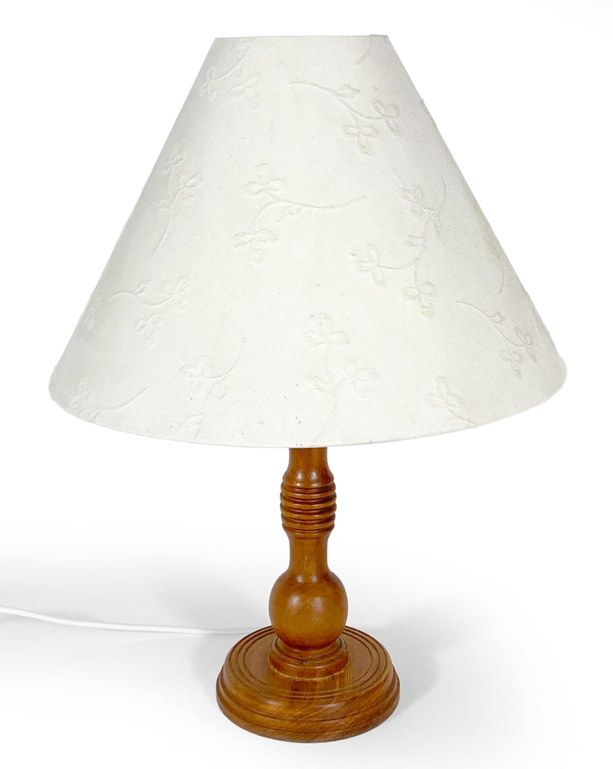 DANISH TEAK TABLE LAMP C. 1960S: Teak table lamp with embroidered shade. Denmark, circa 1960s. Dimensions: H 21.5" x Dia. Shade 15". Condition: Wiring untested, European plug. Few faint water spots to base. Wear consistent with age a