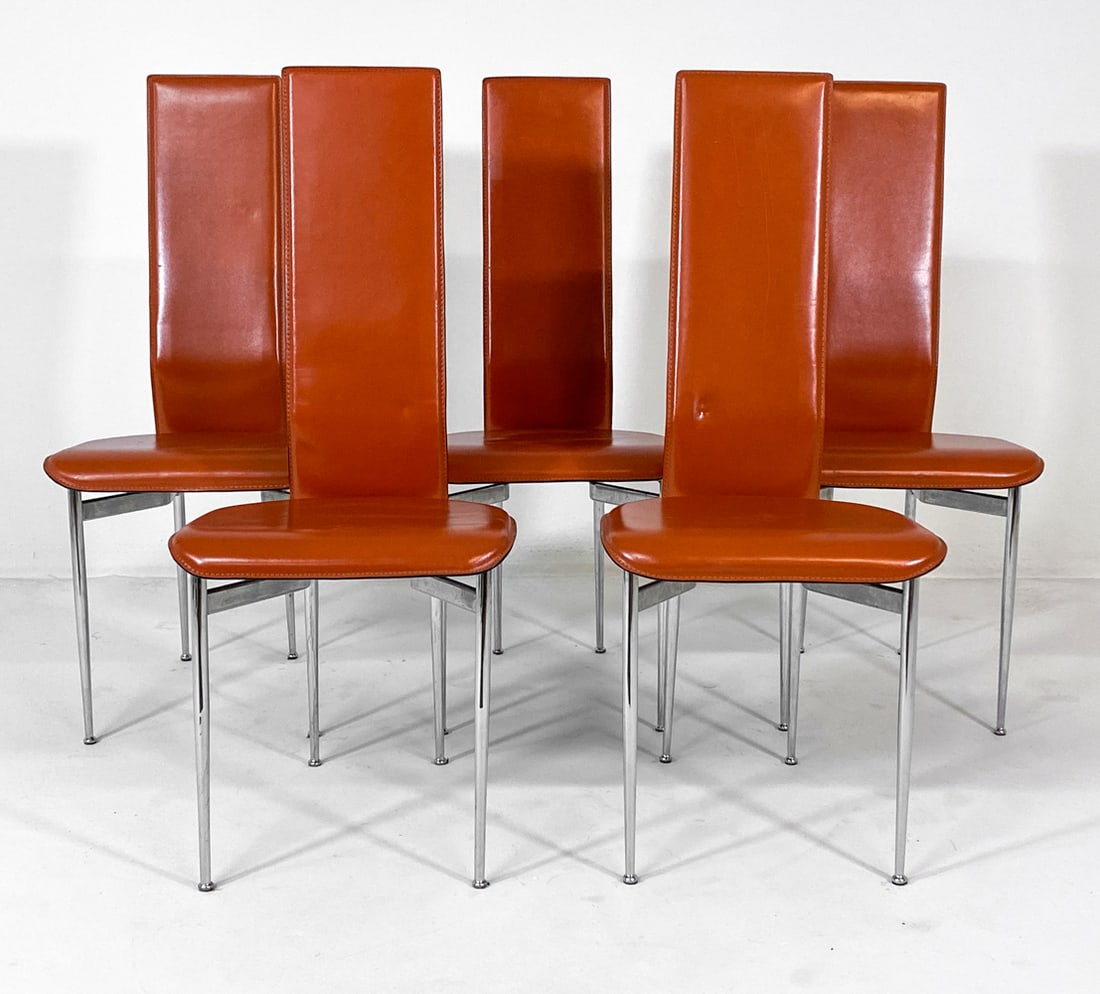 (5) GIANCARLO VEGNI MODEL S44 DINING CHAIRS: Designed by Giancarlo Vegni and Gianfranco Gualtierotti for Fasem. Apparently unmarked. Chrome steel frames with orange leather upholstery. Italy, circa 1980s. Dimensions: H 41.5" x W 17" x D 21" x SH