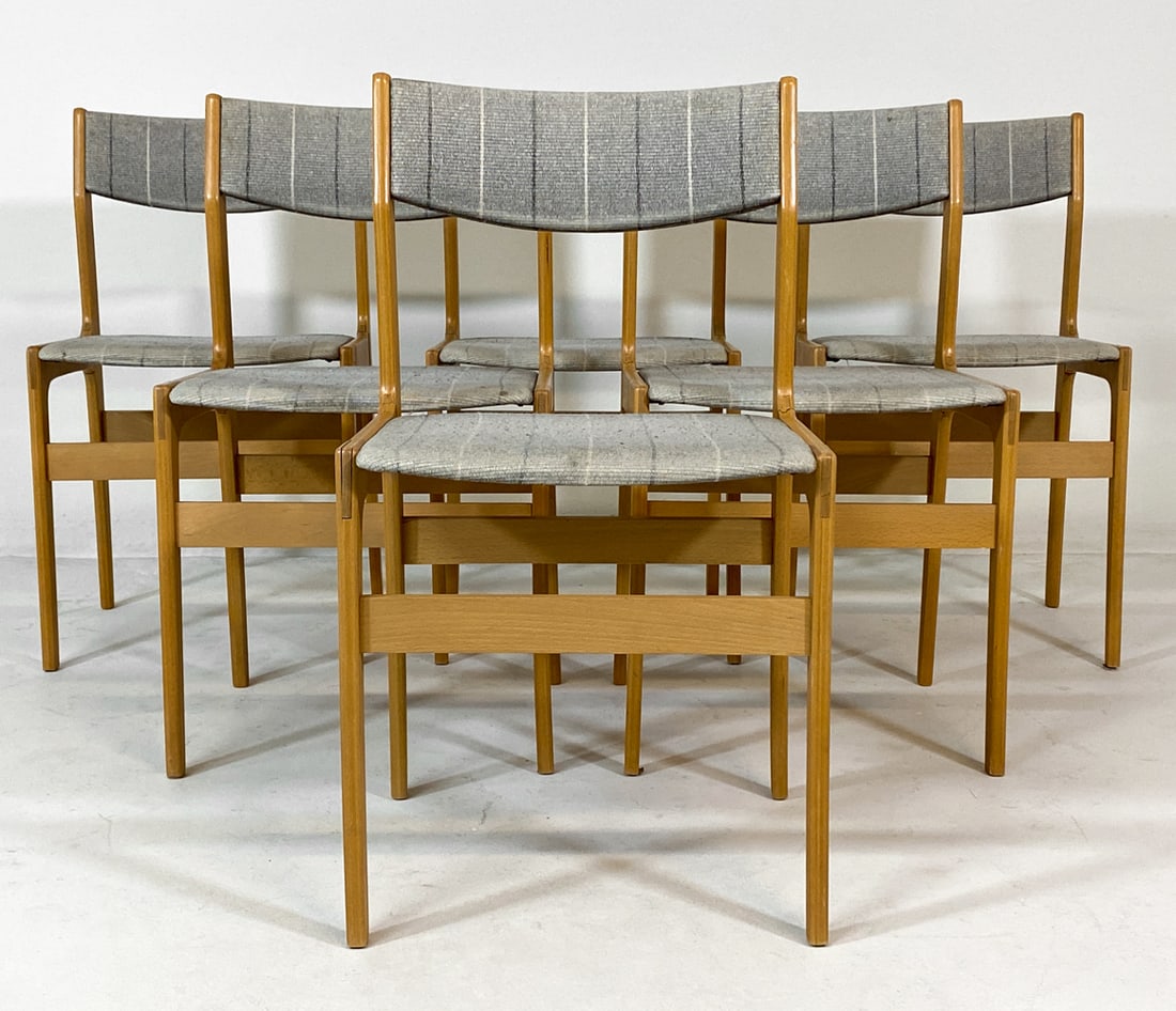 (6) DANISH BEECH DINING CHAIRS C. 1970S: Beech frames with striped grey fabric upholstery. Denmark, circa 1970s. Dimensions: H 32" x W 18" x D 17" x SH 18". Condition: Faint discoloration to fabric on seats. Some slight separation between jo